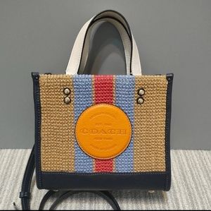 NWT Coach CA291 Dempsey Tote 22 With Coach Patch Straw & Leather Natural Multi.
